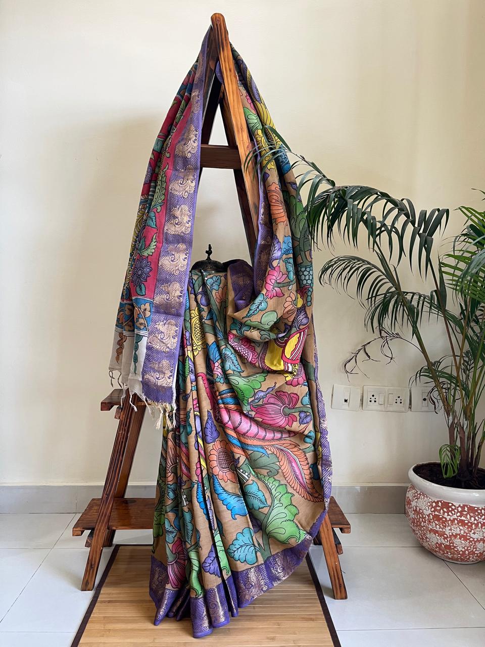 Bangalore Silk Hand Painted Kalamkari Saree with Resham Border