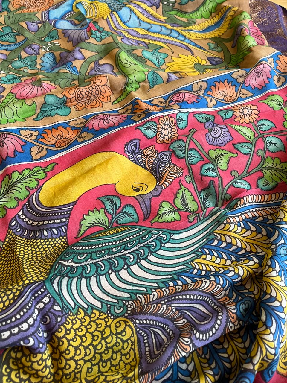 Bangalore Silk Hand Painted Kalamkari Saree with Resham Border