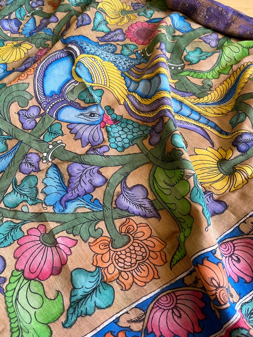 Bangalore Silk Hand Painted Kalamkari Saree with Resham Border