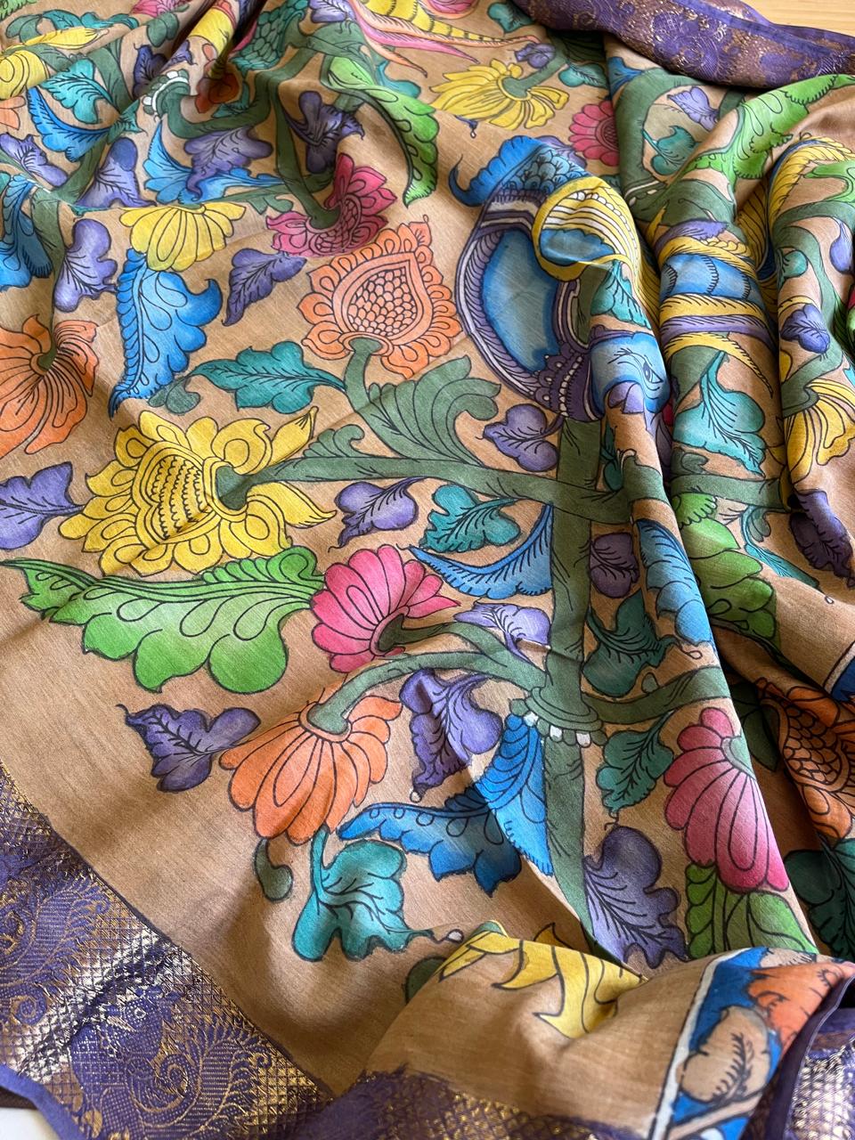 Bangalore Silk Hand Painted Kalamkari Saree with Resham Border