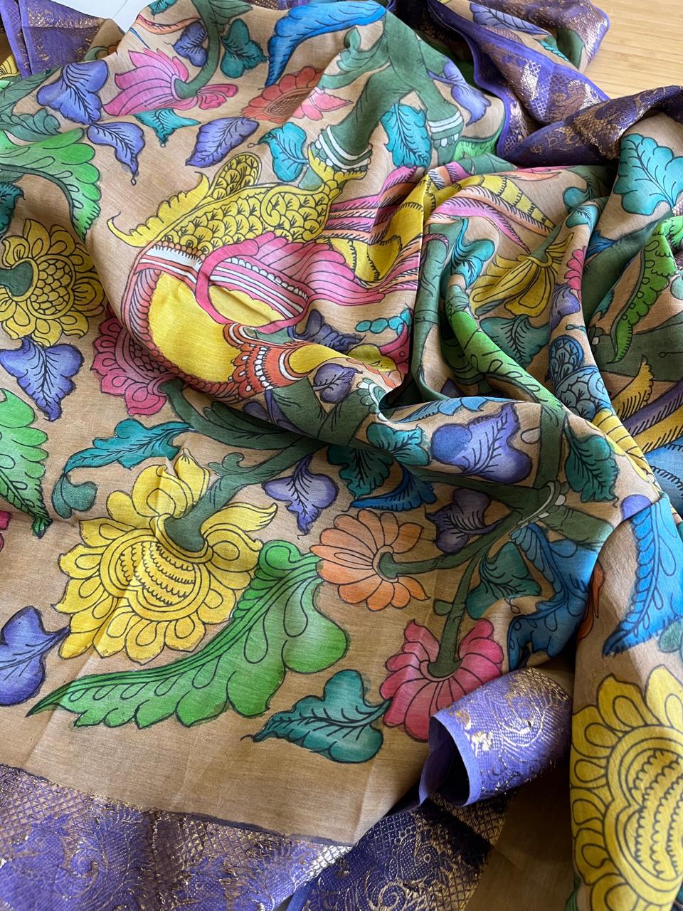 Bangalore Silk Hand Painted Kalamkari Saree with Resham Border