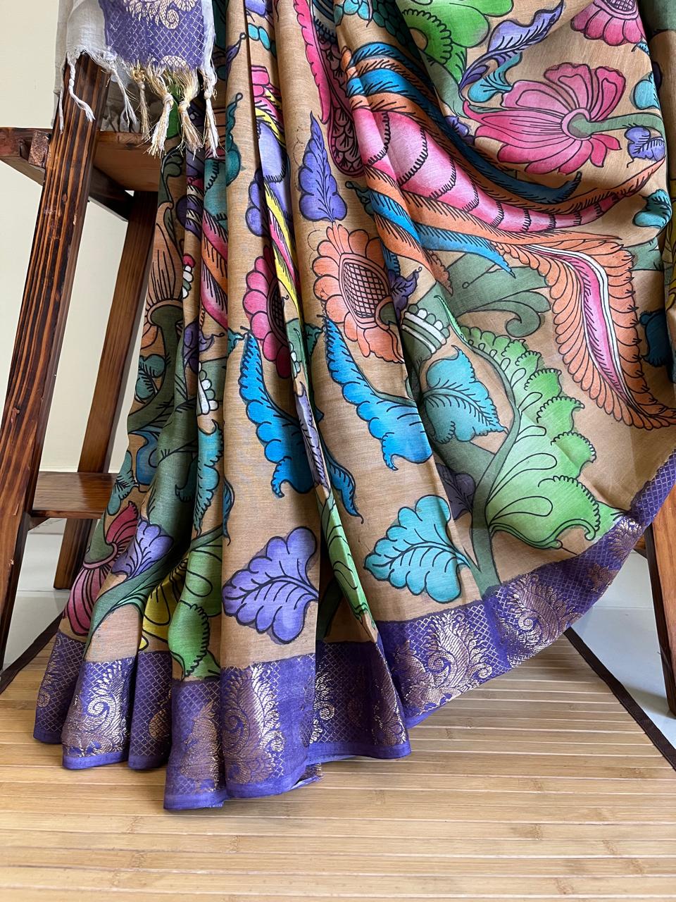 Bangalore Silk Hand Painted Kalamkari Saree with Resham Border