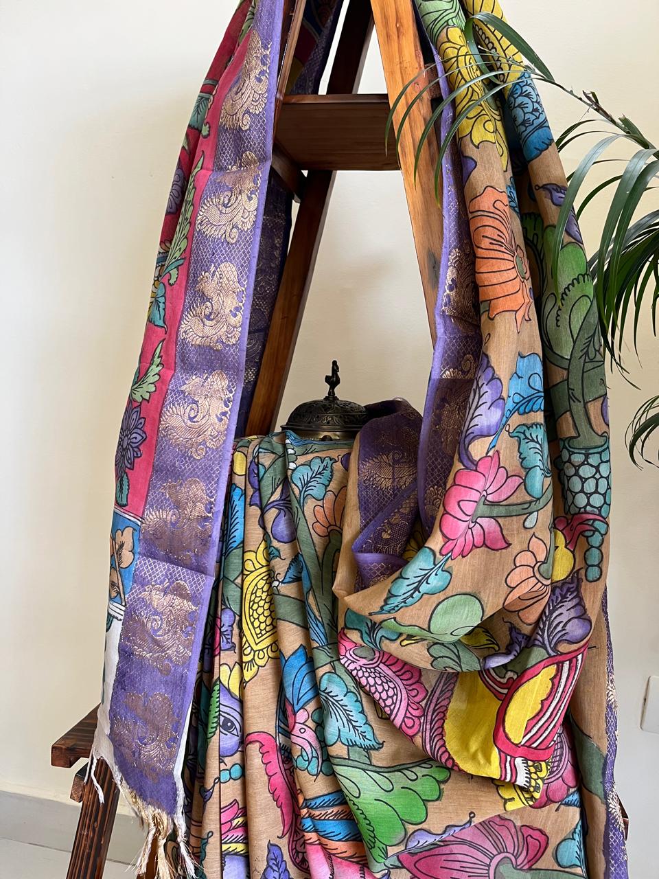 Bangalore Silk Hand Painted Kalamkari Saree with Resham Border