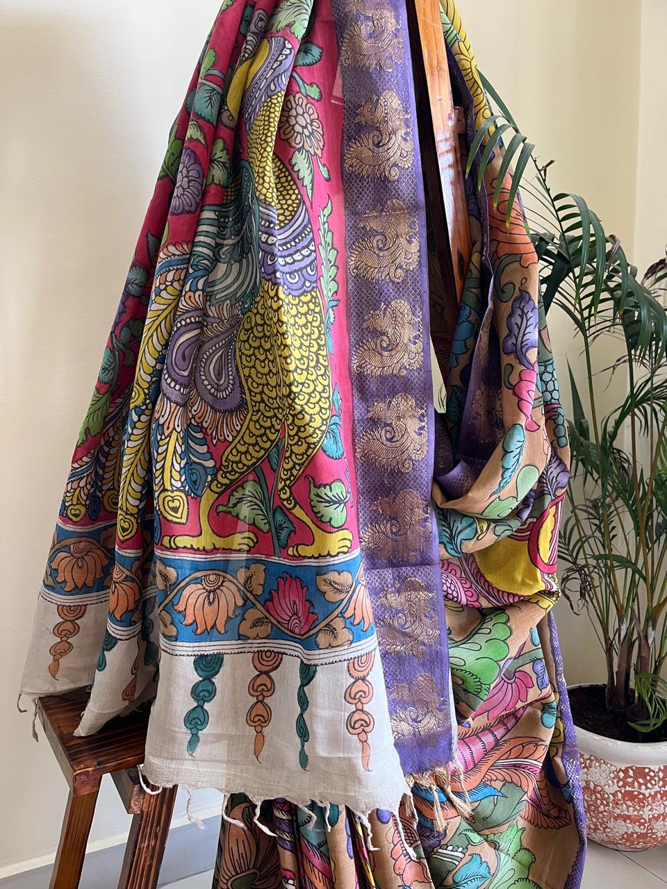 Bangalore Silk Hand Painted Kalamkari Saree with Resham Border