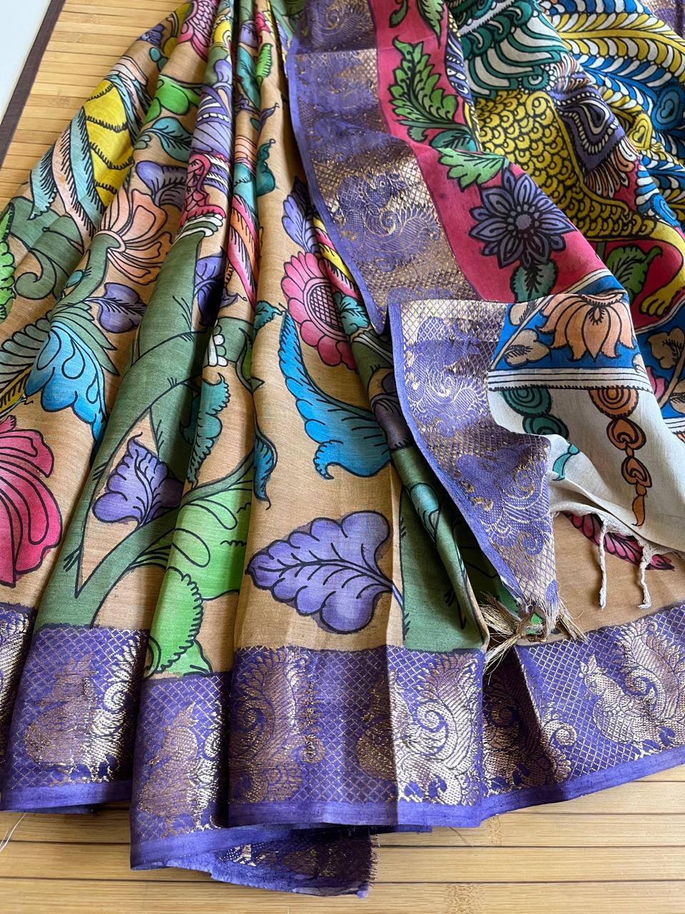 Bangalore Silk Hand Painted Kalamkari Saree with Resham Border