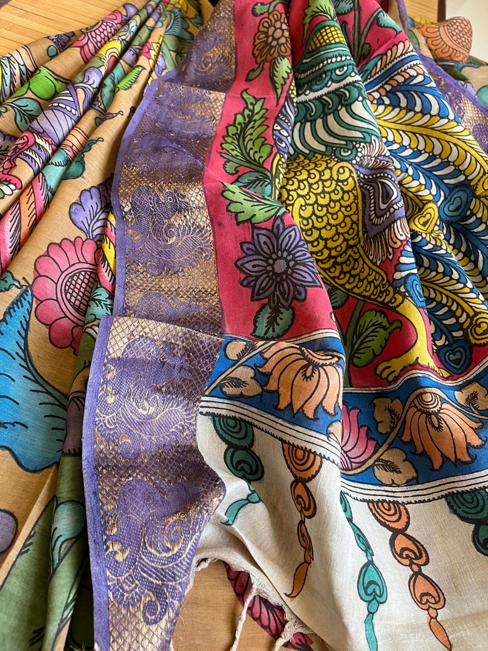 Bangalore Silk Hand Painted Kalamkari Saree with Resham Border