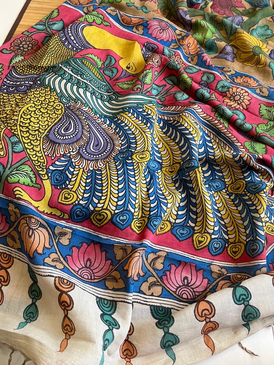 Bangalore Silk Hand Painted Kalamkari Saree with Resham Border