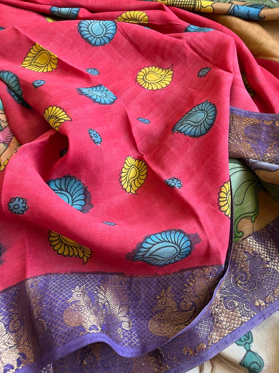Bangalore Silk Hand Painted Kalamkari Saree with Resham Border