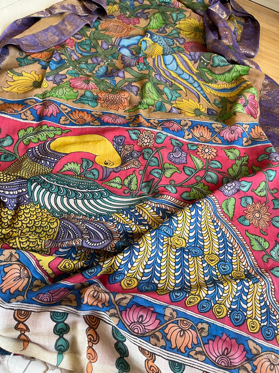 Bangalore Silk Hand Painted Kalamkari Saree with Resham Border