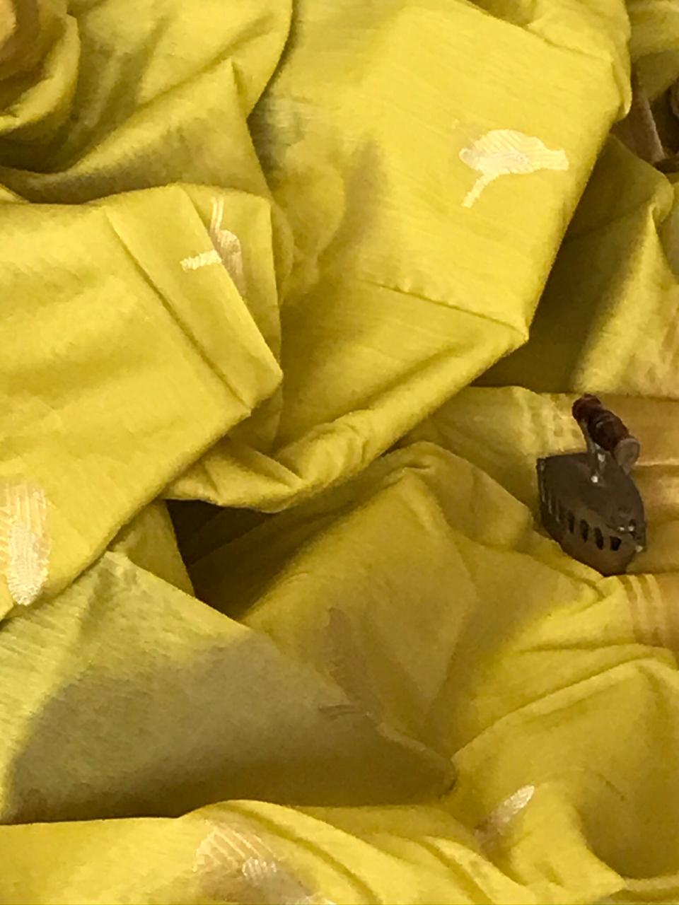 Pure Chanderi Silk Handwoven saree with beautiful bird motifs in gold and silver zari - Mehendi