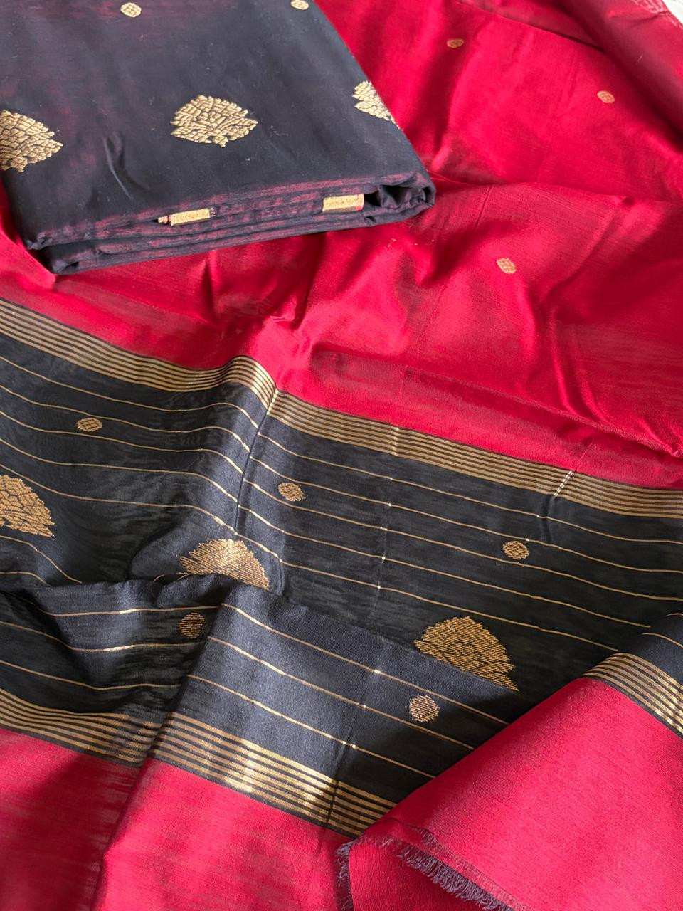 Pure Chanderi Silk zari Handwoven 3 piece Suits - Black and Red