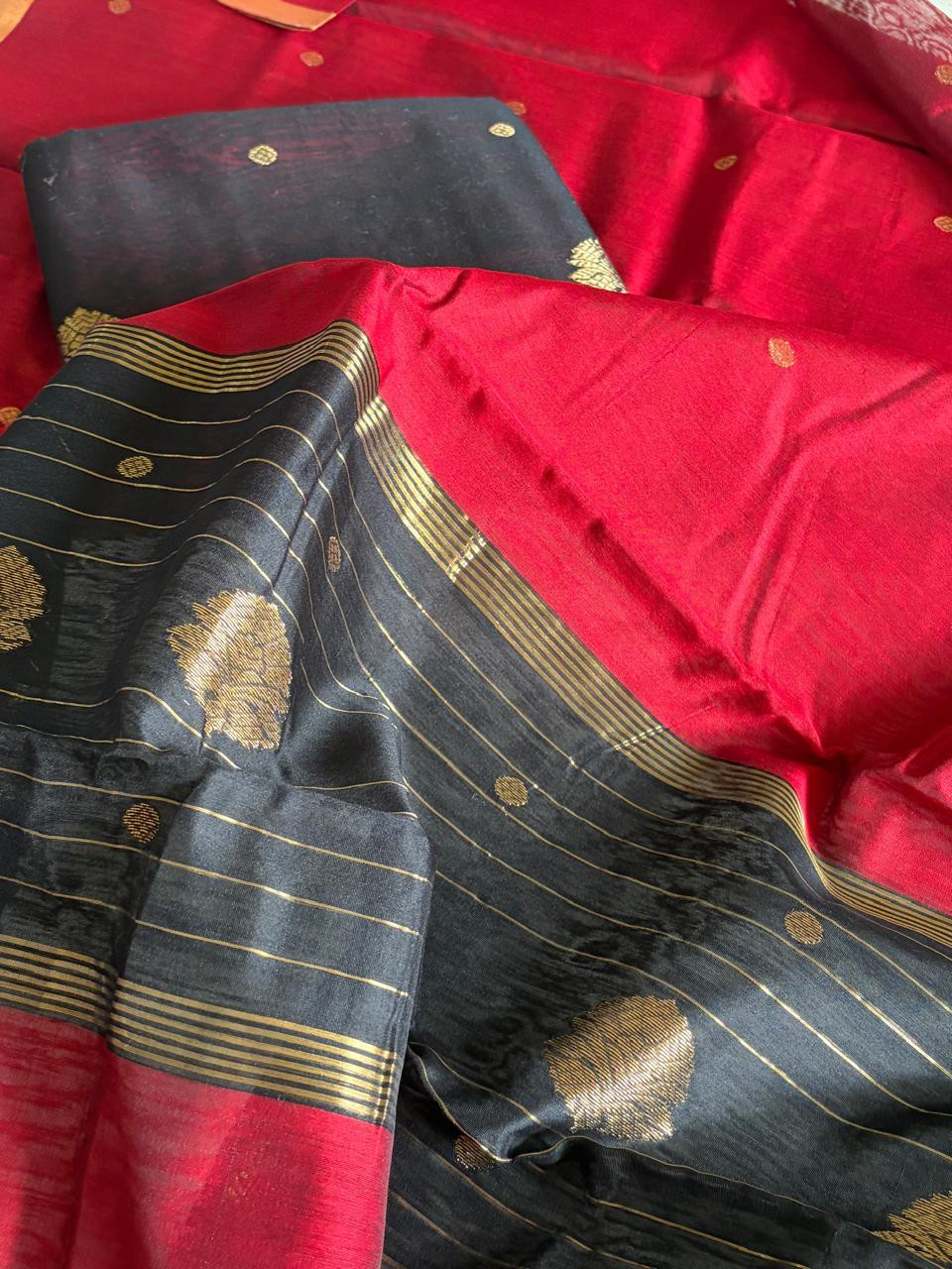 Pure Chanderi Silk zari Handwoven 3 piece Suits - Black and Red