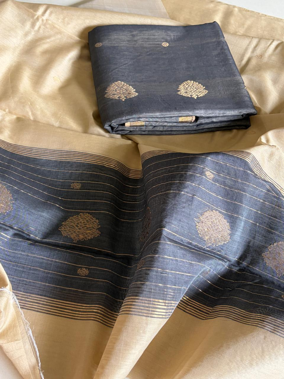 Pure Chanderi Silk zari Handwoven 3 piece Suits - Grey and Beige