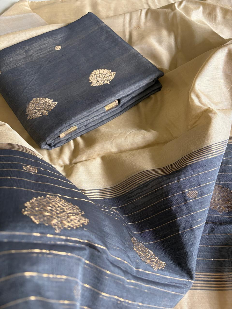Pure Chanderi Silk zari Handwoven 3 piece Suits - Grey and Beige