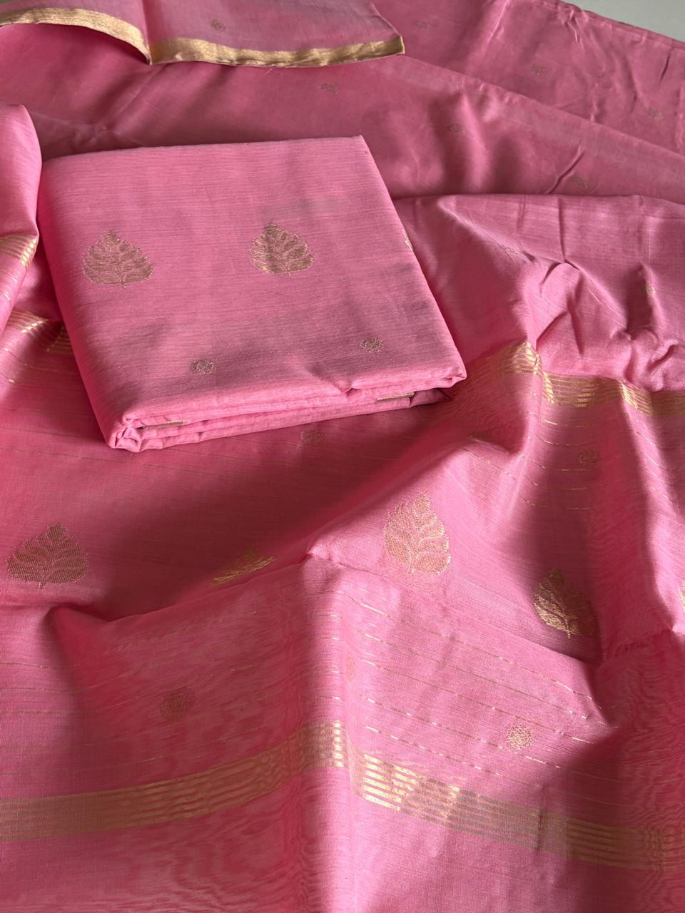 Pure Chanderi Silk zari Handwoven 3 piece Suits - Pastel Peachish Pink