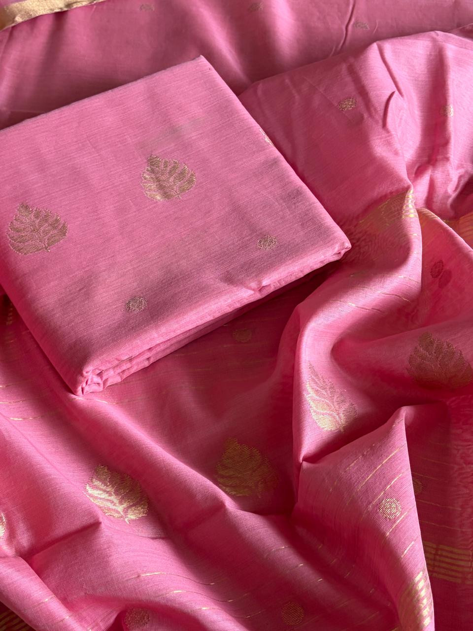 Pure Chanderi Silk zari Handwoven 3 piece Suits - Pastel Peachish Pink