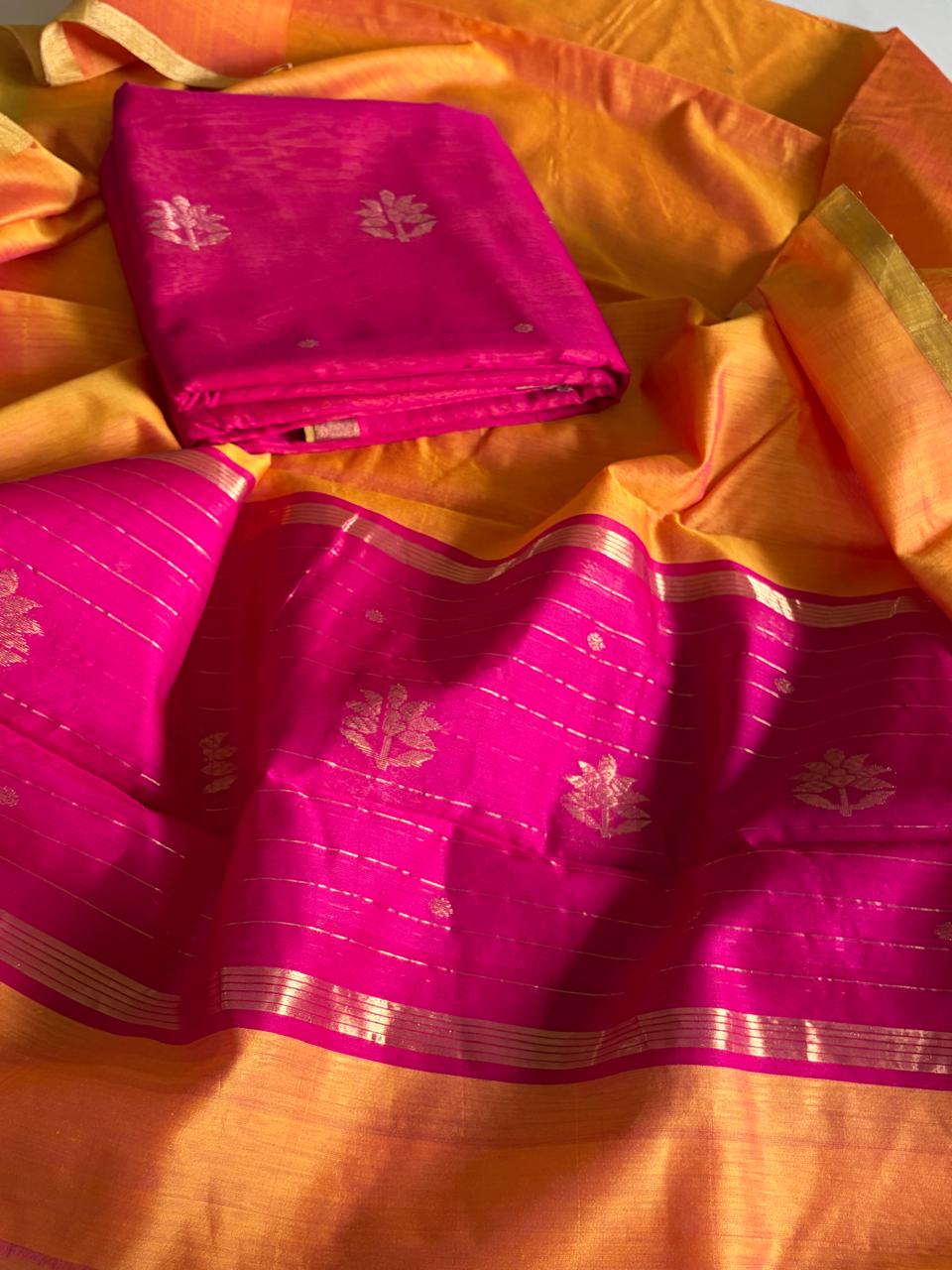 Pure Chanderi Silk zari Handwoven 3 piece Suits - Pink with Sunset Orange
