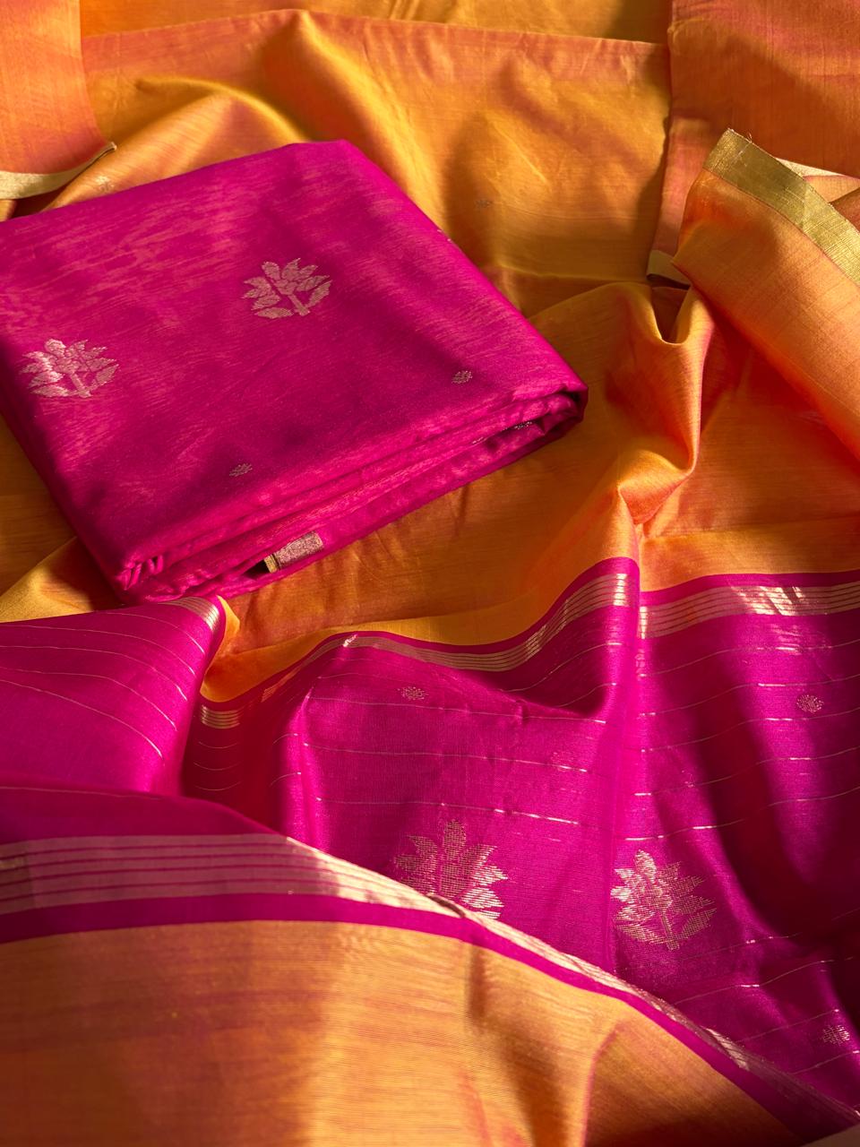 Pure Chanderi Silk zari Handwoven 3 piece Suits - Pink with Sunset Orange