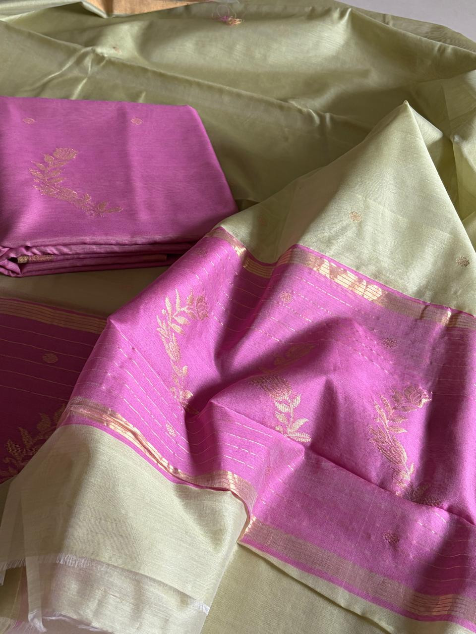 Pure Chanderi Silk zari Handwoven 3 piece Suits - Plum with Light Sap Green