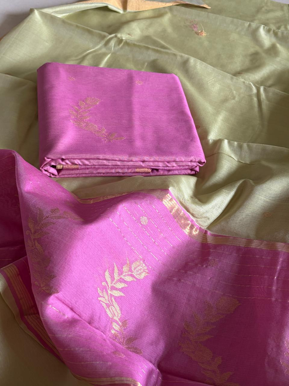 Pure Chanderi Silk zari Handwoven 3 piece Suits - Plum with Light Sap Green