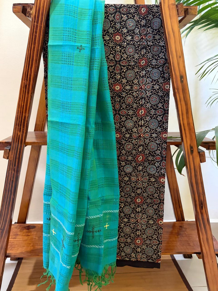 Image of Pure Cotton Ajrakh Kurta and Cotton Embroidered Dupatta Set