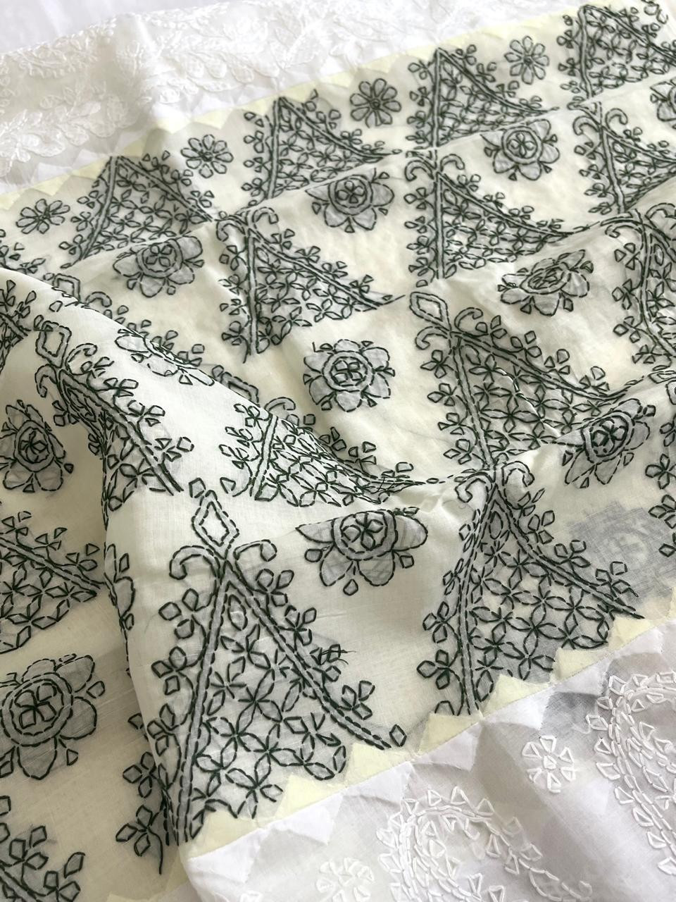 Pure Cotton Hand Chikankari Embroidery Saree- White with Dark Green