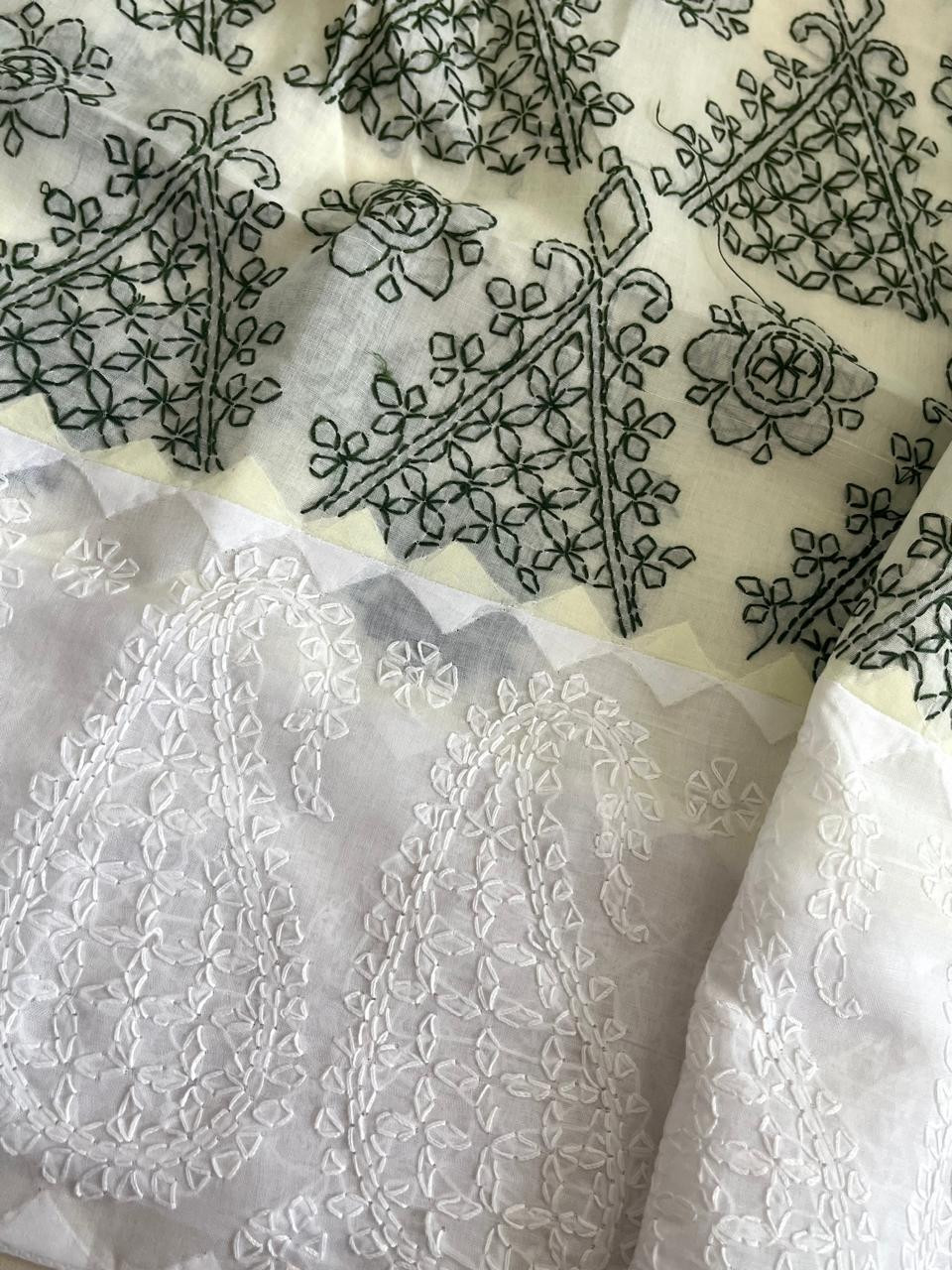 Pure Cotton Hand Chikankari Embroidery Saree- White with Dark Green