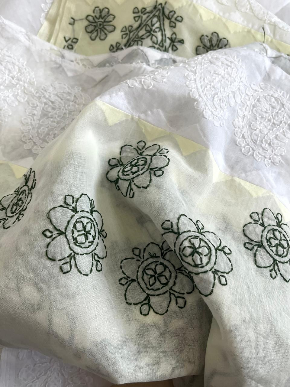 Pure Cotton Hand Chikankari Embroidery Saree- White with Dark Green