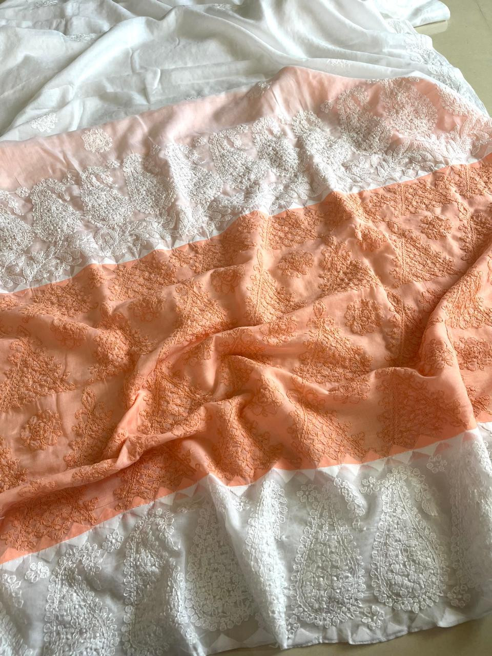 Pure Cotton Hand Chikankari Embroidery Saree- White with Peach
