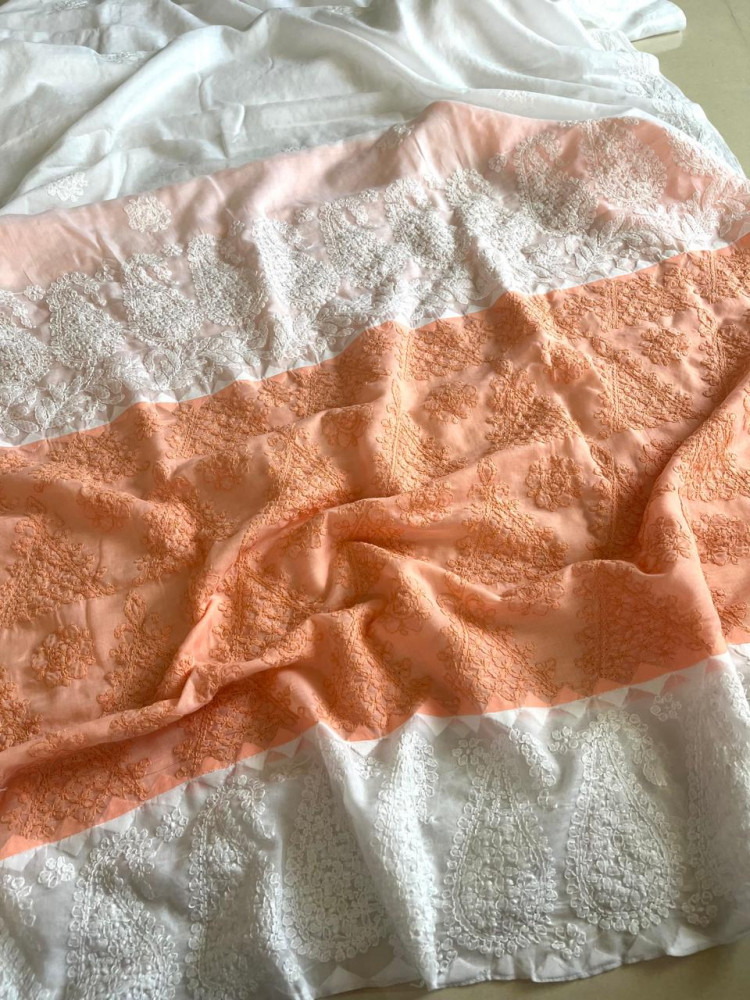 Image of Pure Cotton Hand Chikankari Embroidery Saree- White with Peach