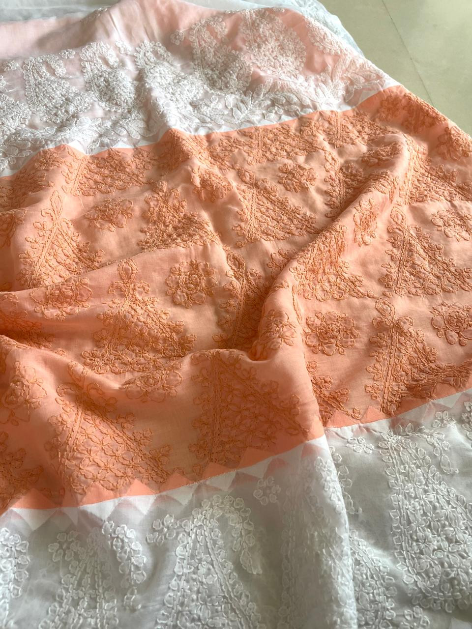 Pure Cotton Hand Chikankari Embroidery Saree- White with Peach