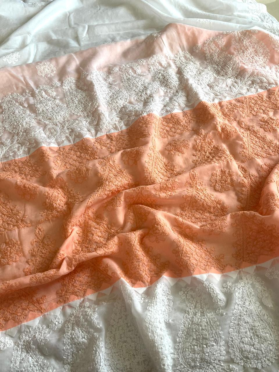 Pure Cotton Hand Chikankari Embroidery Saree- White with Peach