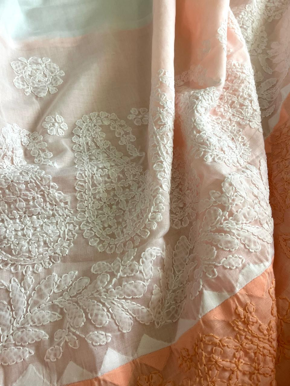 Pure Cotton Hand Chikankari Embroidery Saree- White with Peach
