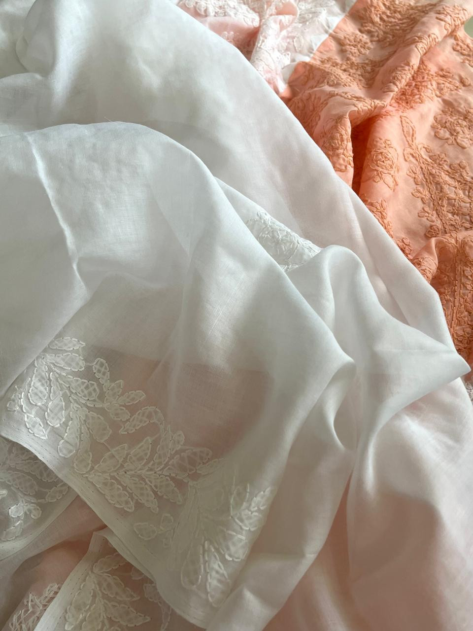 Pure Cotton Hand Chikankari Embroidery Saree- White with Peach