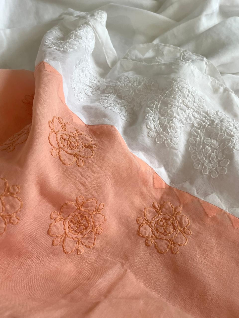 Pure Cotton Hand Chikankari Embroidery Saree- White with Peach