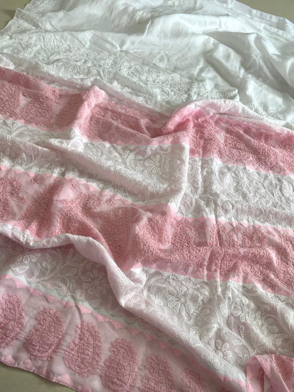 Pure Cotton Hand Chikankari Embroidery Saree - White with Pink