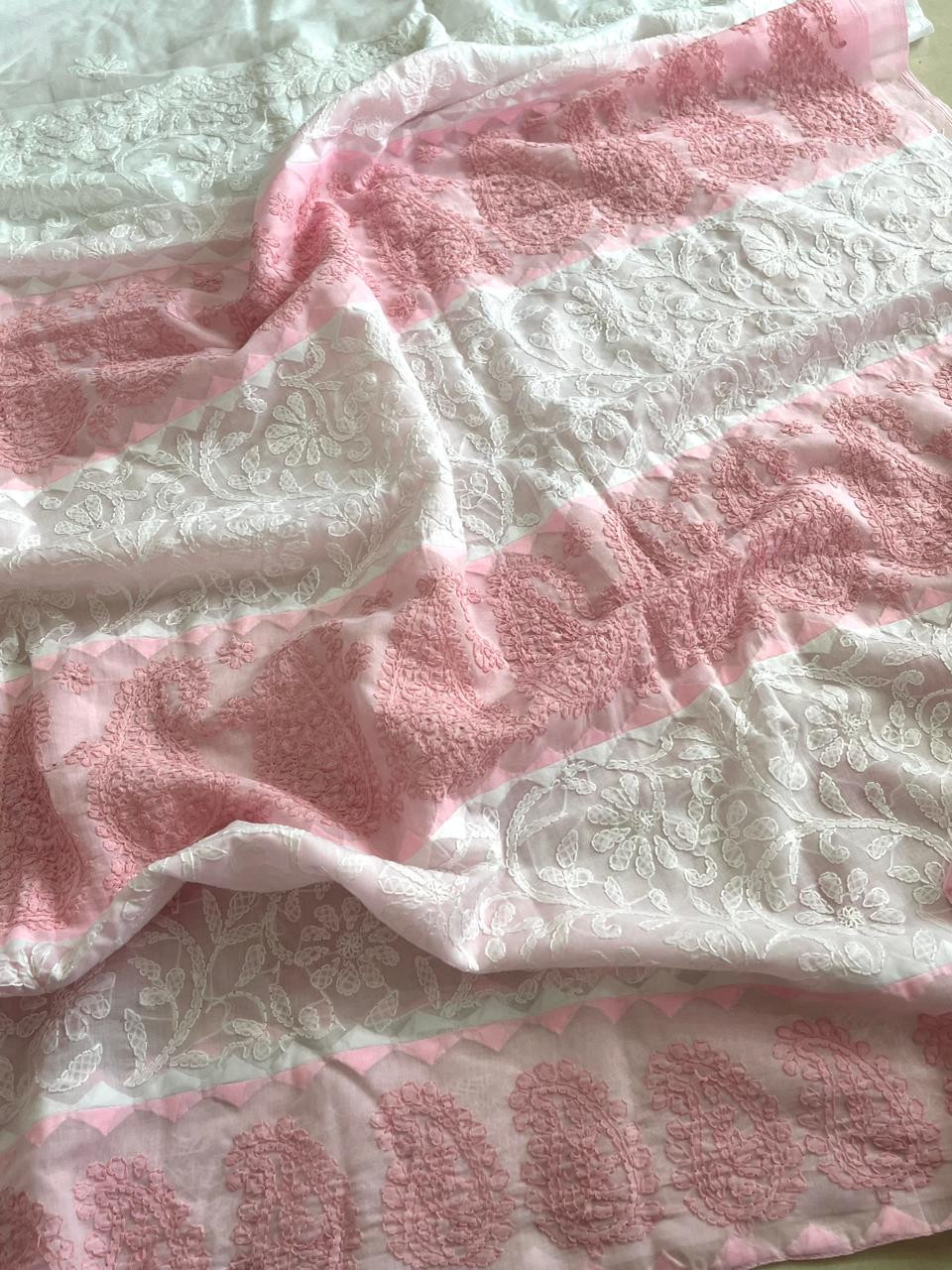 Pure Cotton Hand Chikankari Embroidery Saree - White with Pink