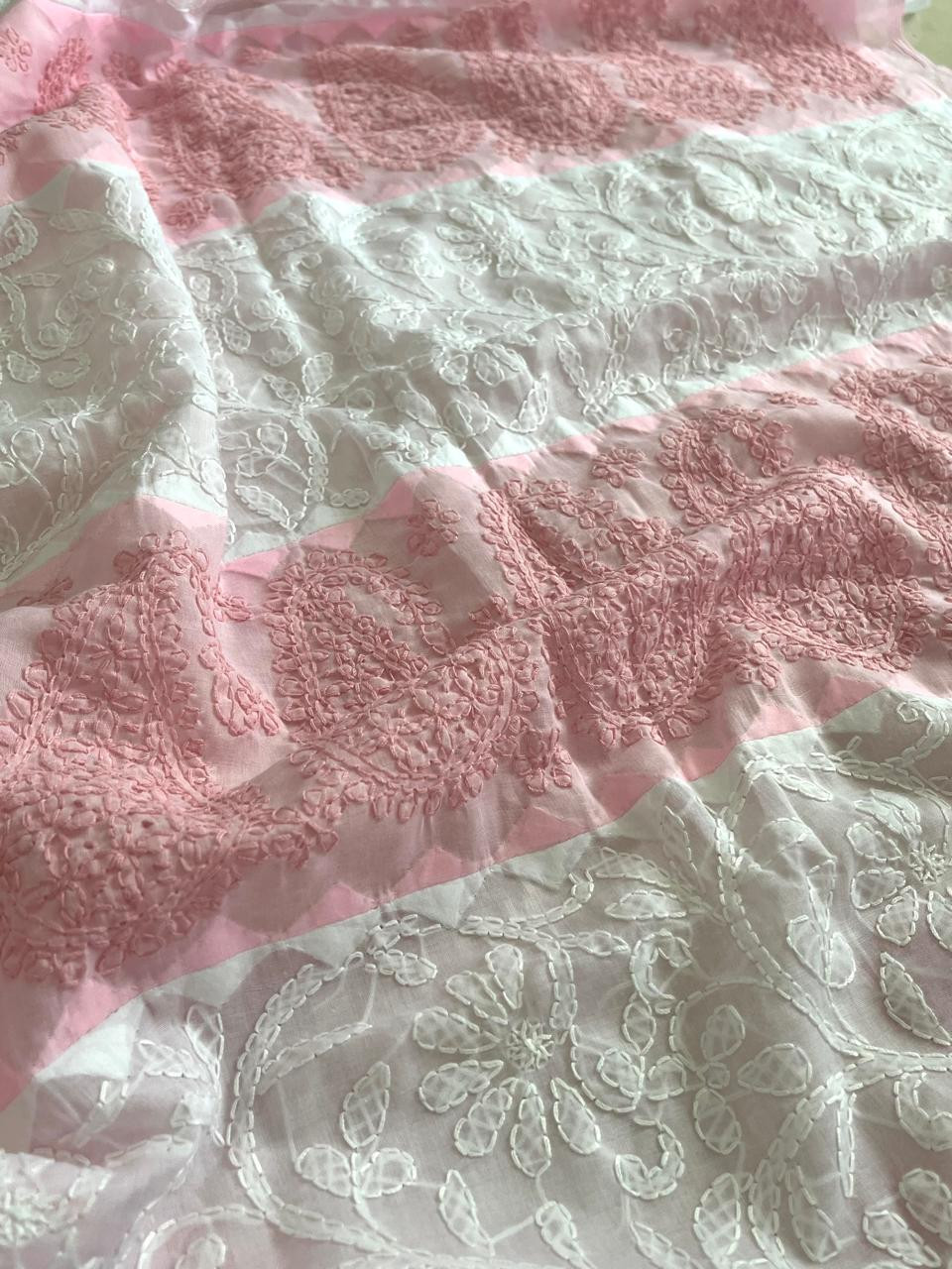 Pure Cotton Hand Chikankari Embroidery Saree - White with Pink