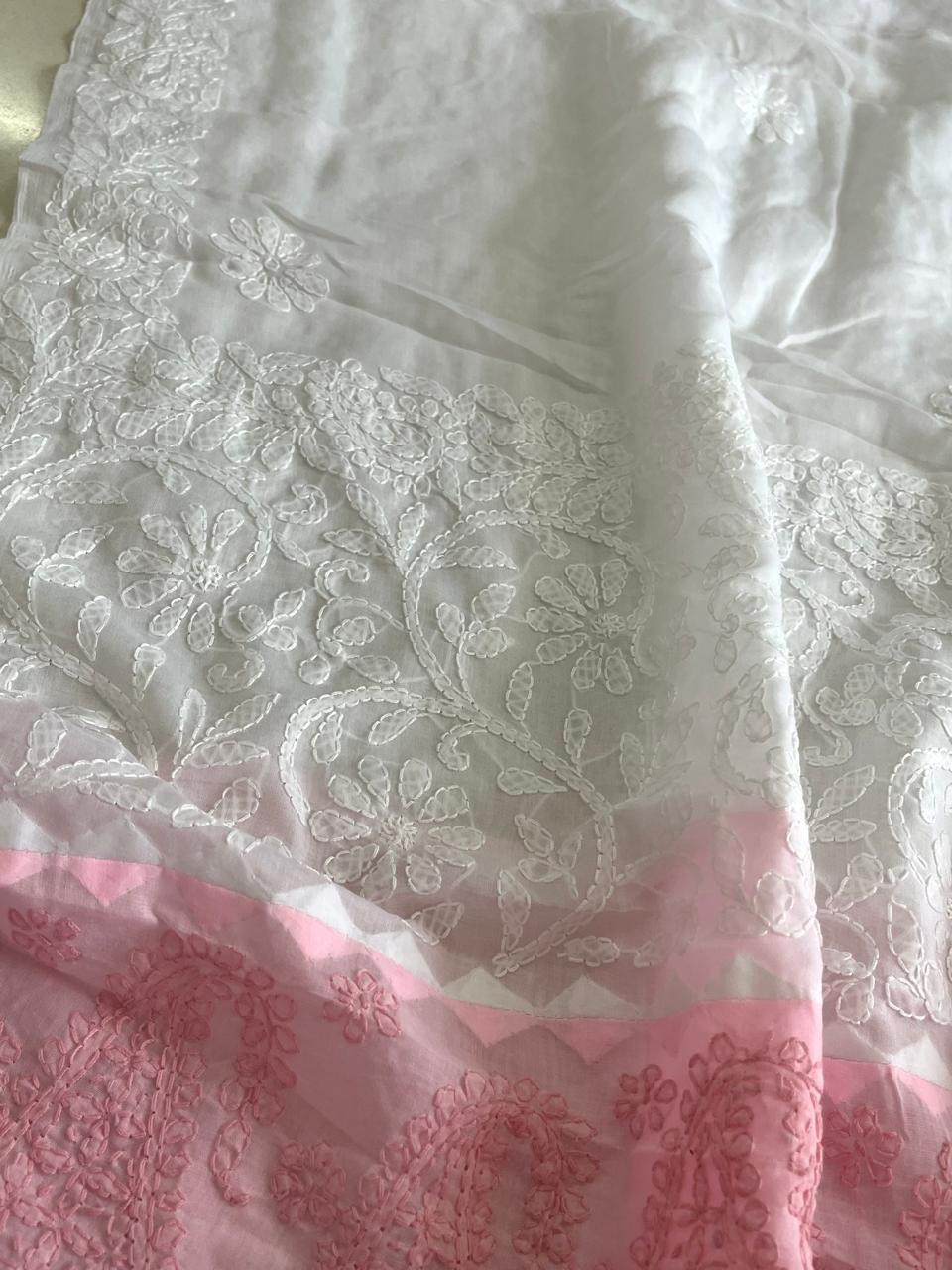 Pure Cotton Hand Chikankari Embroidery Saree - White with Pink