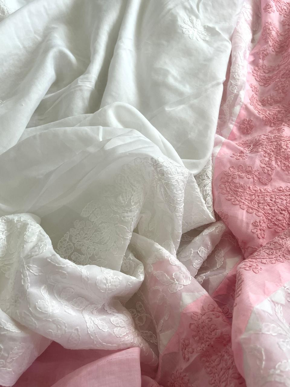 Pure Cotton Hand Chikankari Embroidery Saree - White with Pink