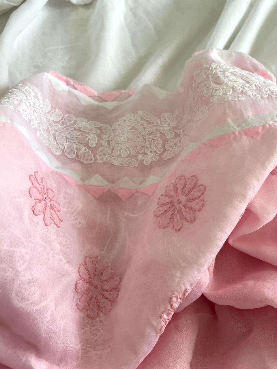 Pure Cotton Hand Chikankari Embroidery Saree - White with Pink