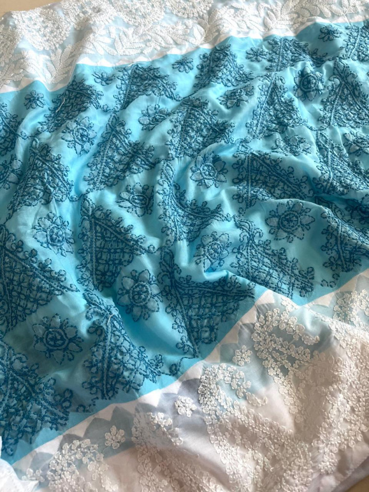 Image of Pure Cotton Hand Chikankari Embroidery Saree- White with Sky Blue