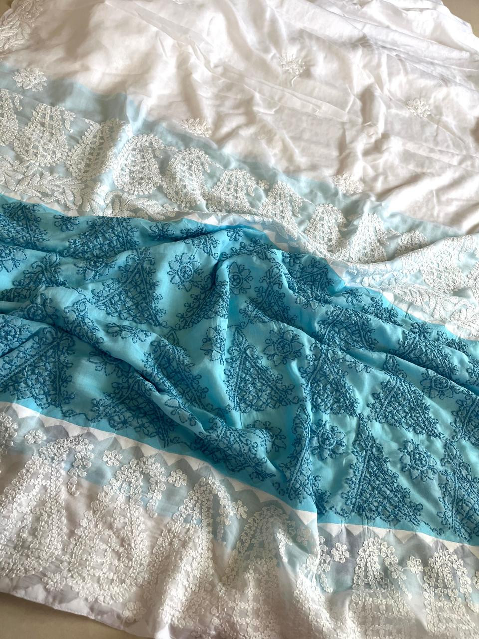 Pure Cotton Hand Chikankari Embroidery Saree- White with Sky Blue