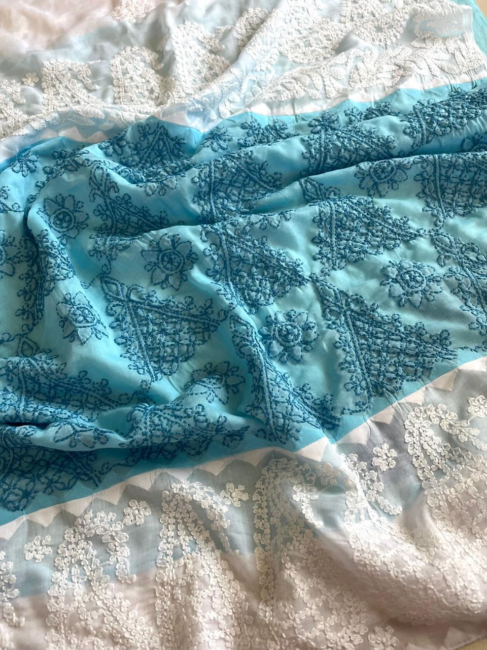 Pure Cotton Hand Chikankari Embroidery Saree- White with Sky Blue