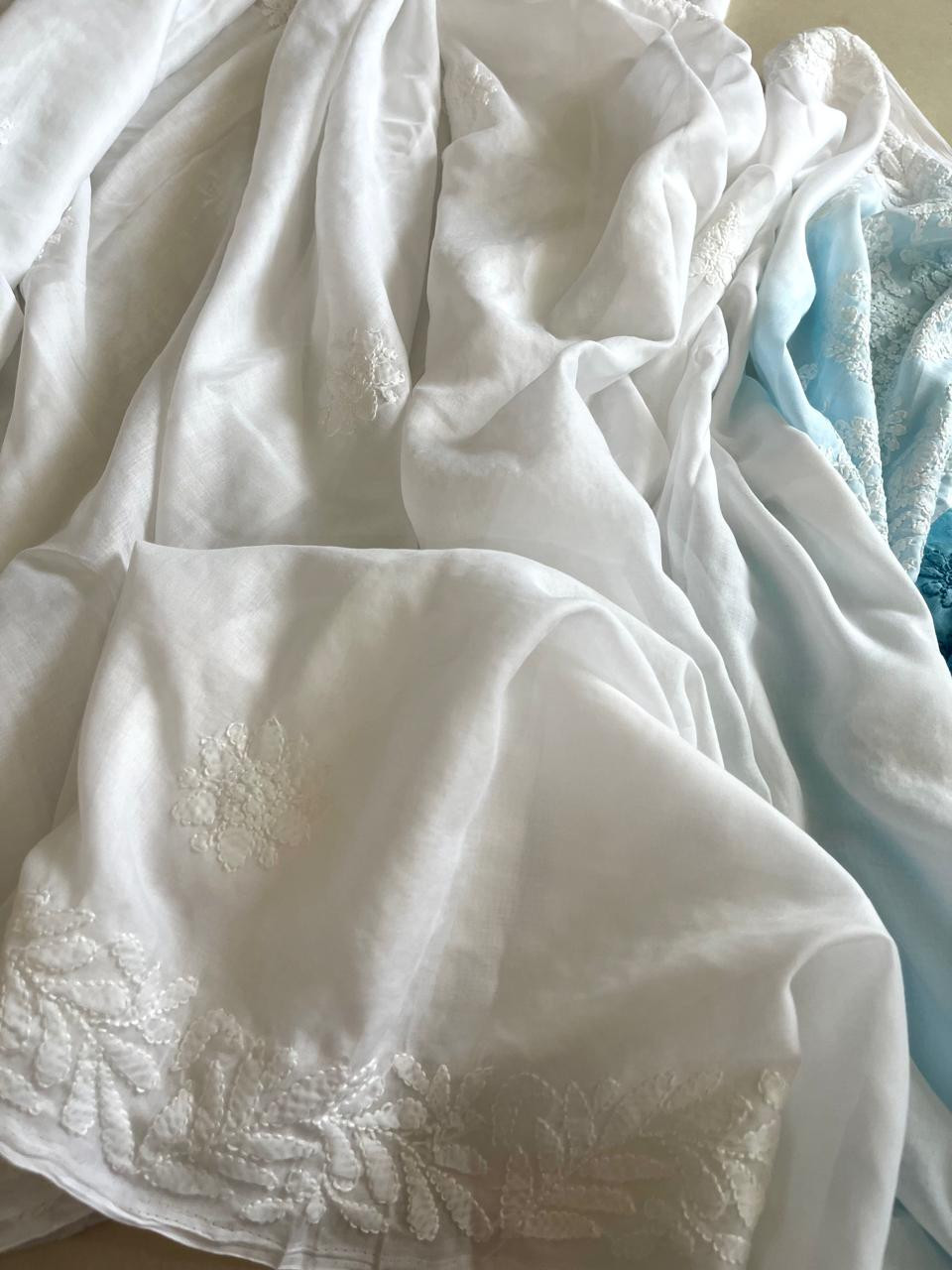 Pure Cotton Hand Chikankari Embroidery Saree- White with Sky Blue