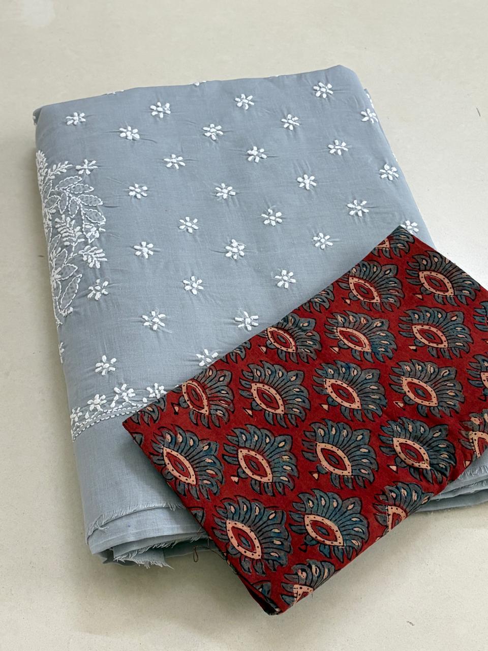 Pure Soft Cotton Chikankari Handwork Saree from Lucknow - Grey