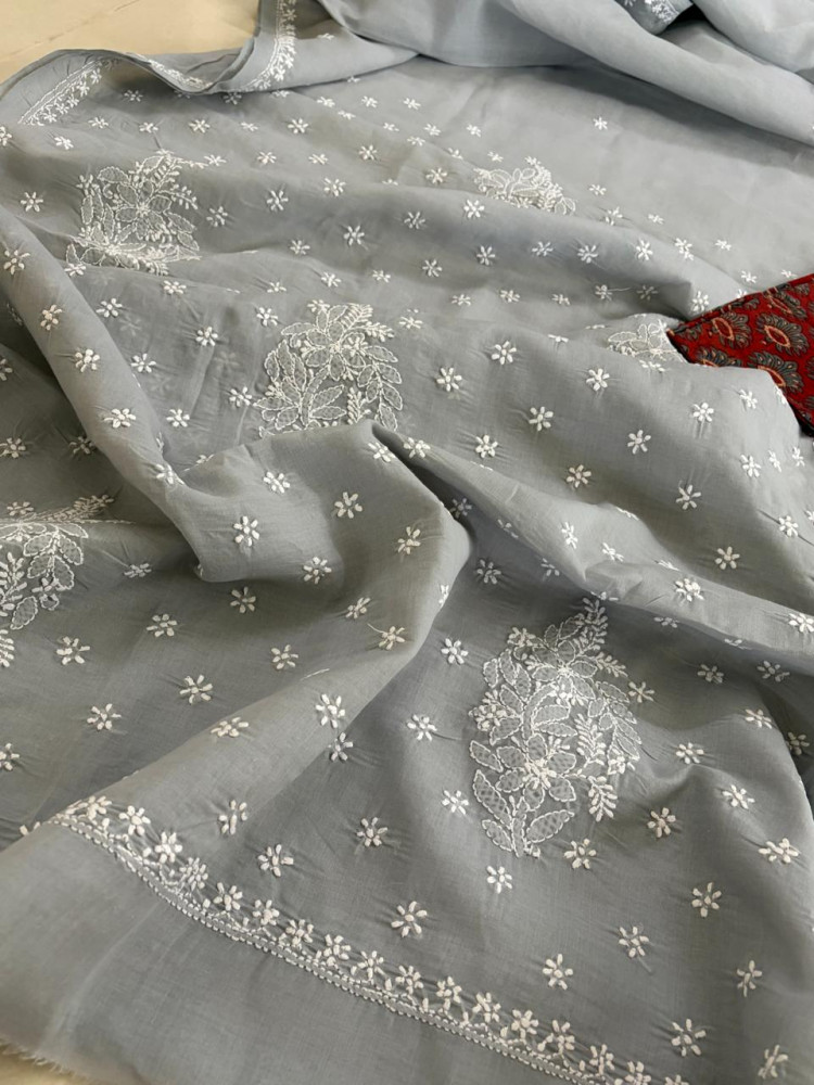 Image of Pure Soft Cotton Chikankari Handwork Saree from Lucknow - Grey