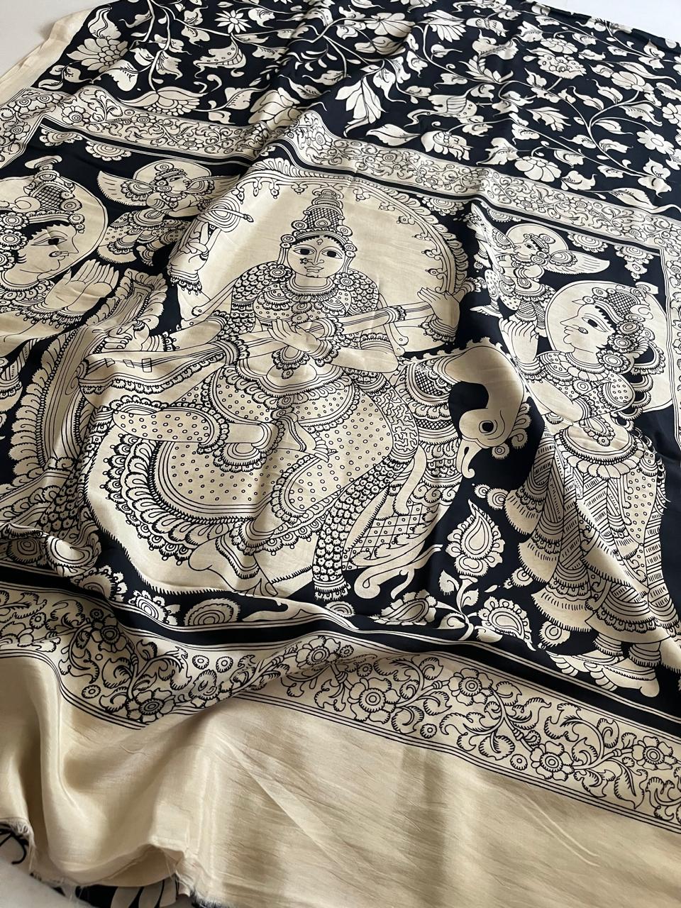 Chenoori Silk Hand Painted Kalamkari Saree - Black and White
