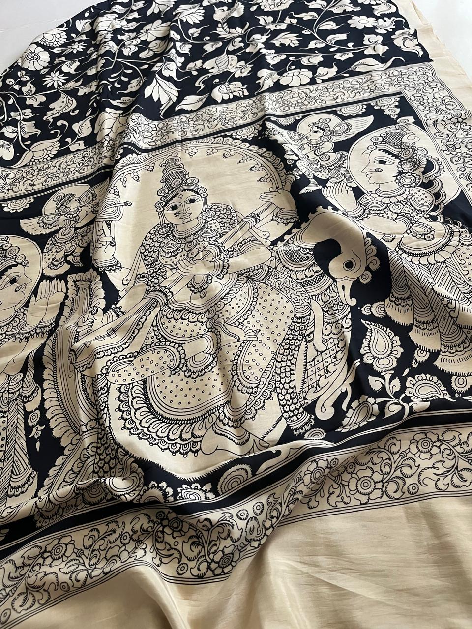 Chenoori Silk Hand Painted Kalamkari Saree - Black and White