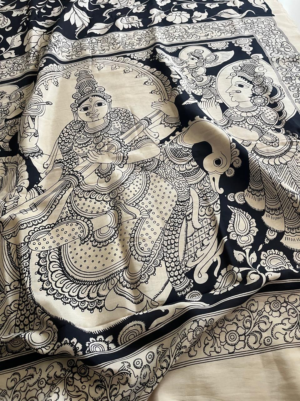 Chenoori Silk Hand Painted Kalamkari Saree - Black and White